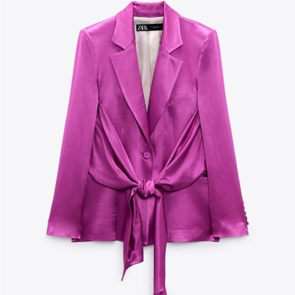 ZARA SATIN BLAZER WITH BUILT IN TIE SASH SIZE S PINK/ FUCHSIA FEMININE ROMANTIC - Picture 1 of 16